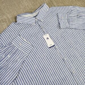 Brax 100% Linen Shirt Men 4XL Button Down Airwashed Modern Fit NEW Blue Striped